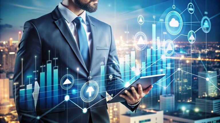 Ejecutivo analizando datos financieros en una tableta con la ciudad de fondo